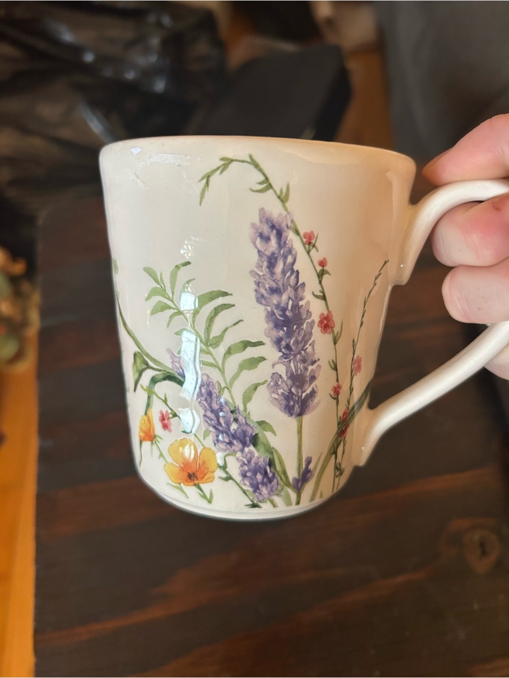 Pier 1 White Floral Lavender Ceramic Coffee Mug